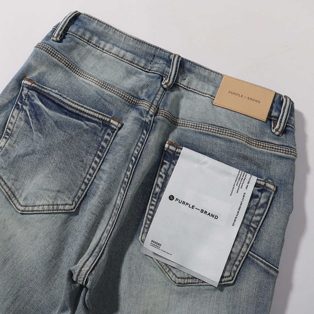 Purple‑Brand Light Vintage Wash Multi‑Ripped Straight Leg Jeans
