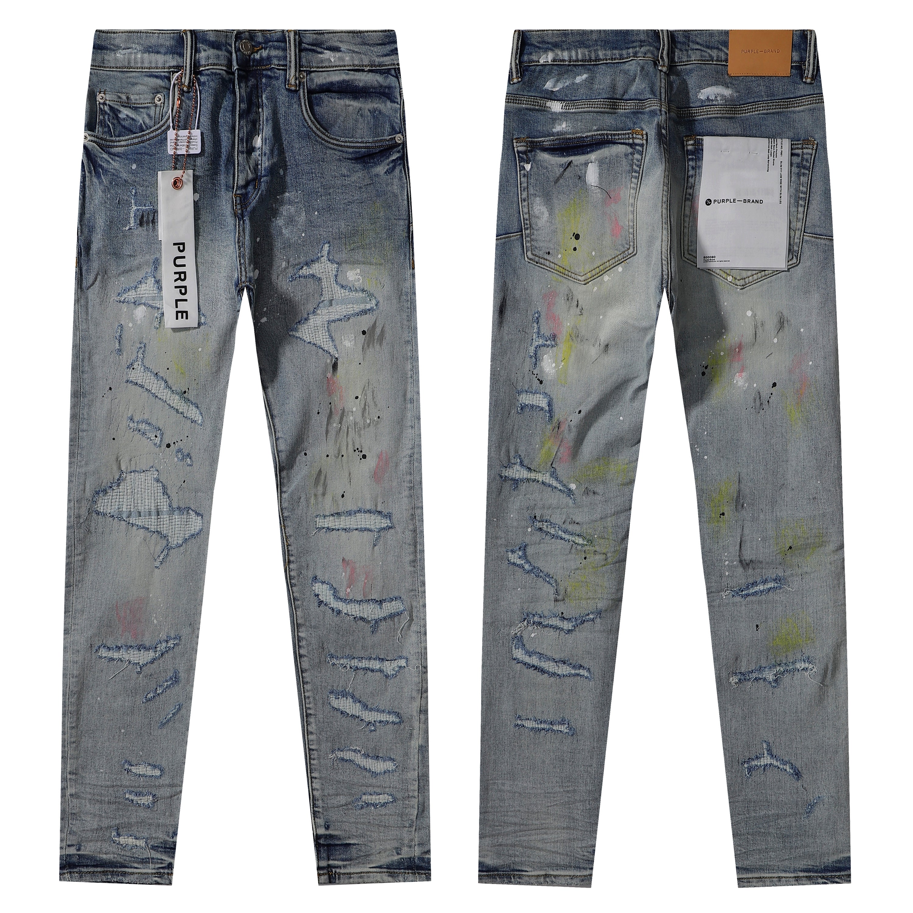 Purple‑Brand Heavy Distressed Ripped Paint Splatter Straight Leg Jeans