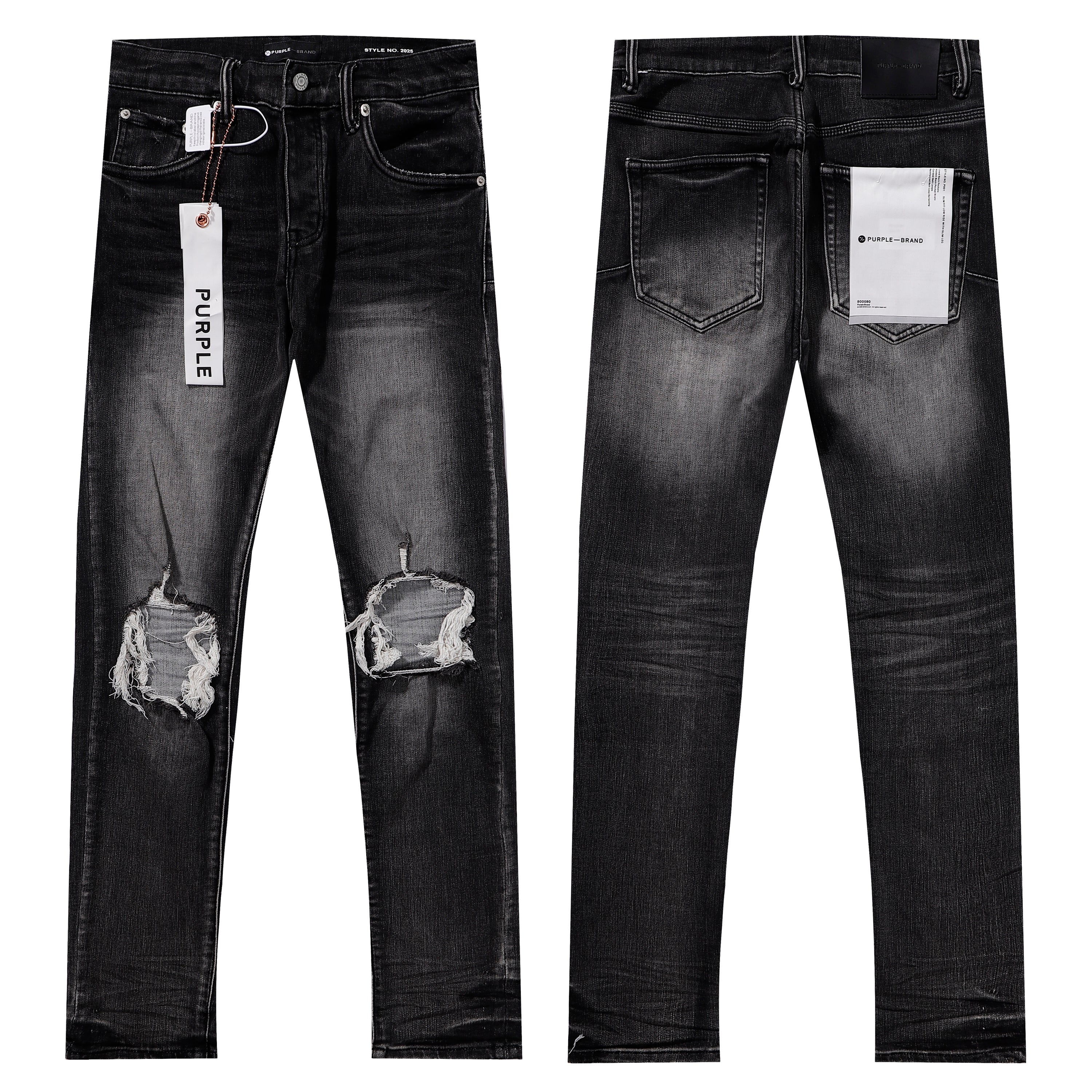 Purple‑Brand Black Faded Heavy Frayed Knee Ripped Straight Leg Jeans