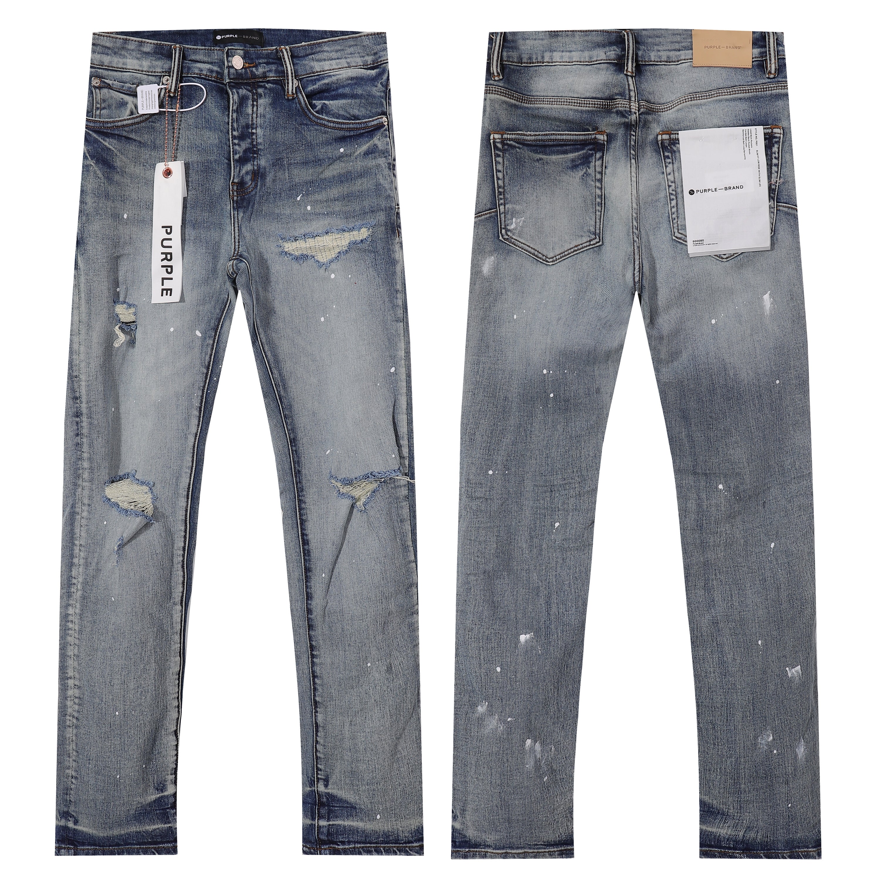 Purple‑Brand Light Wash Ripped Repair White Paint Splatter Straight Jeans