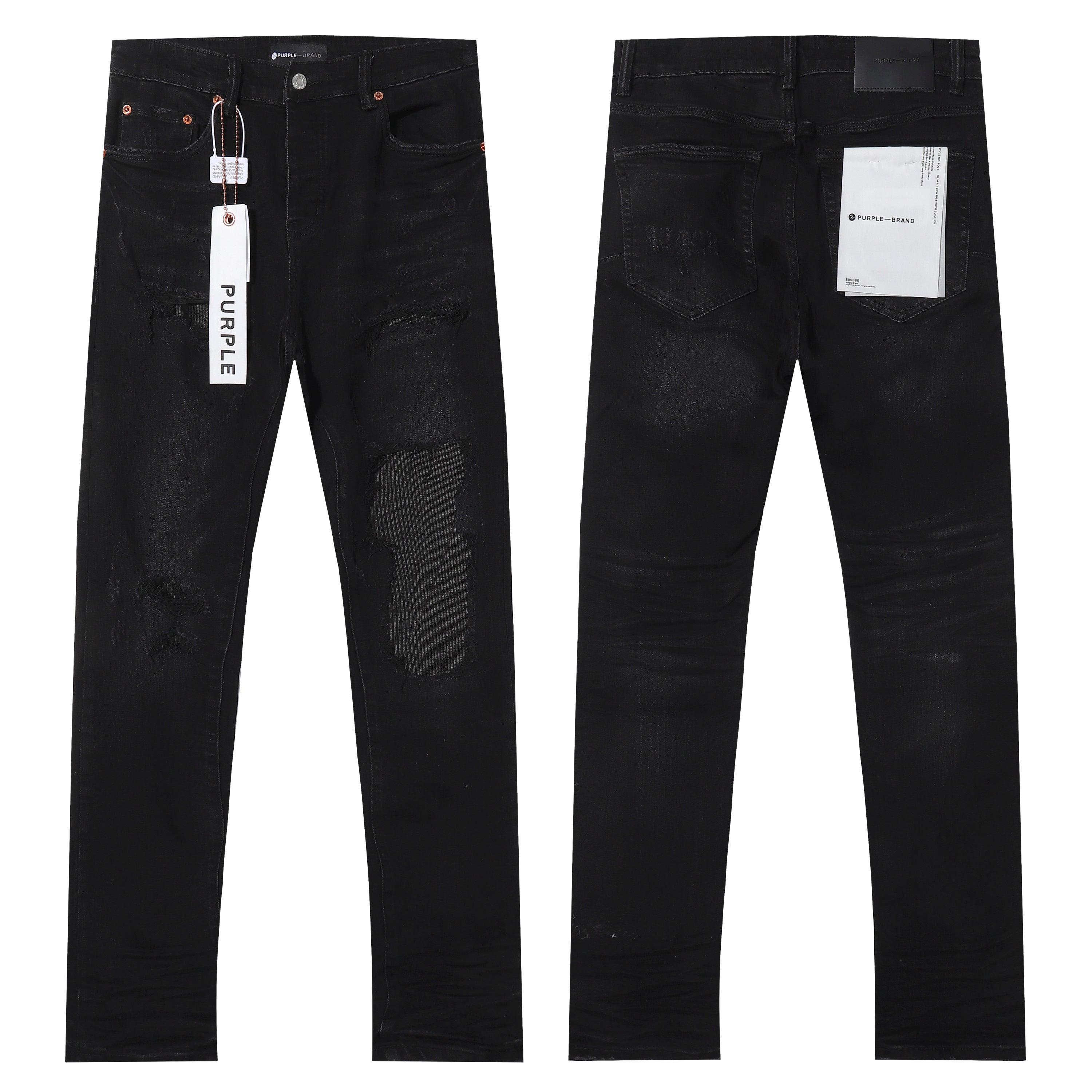 Purple‑Brand Black Wash Multi Frayed Rip Mesh Patch Straight Leg Jeans