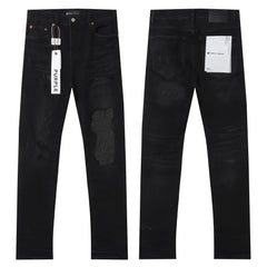 Purple‑Brand Black Wash Multi Frayed Rip Mesh Patch Straight Leg Jeans
