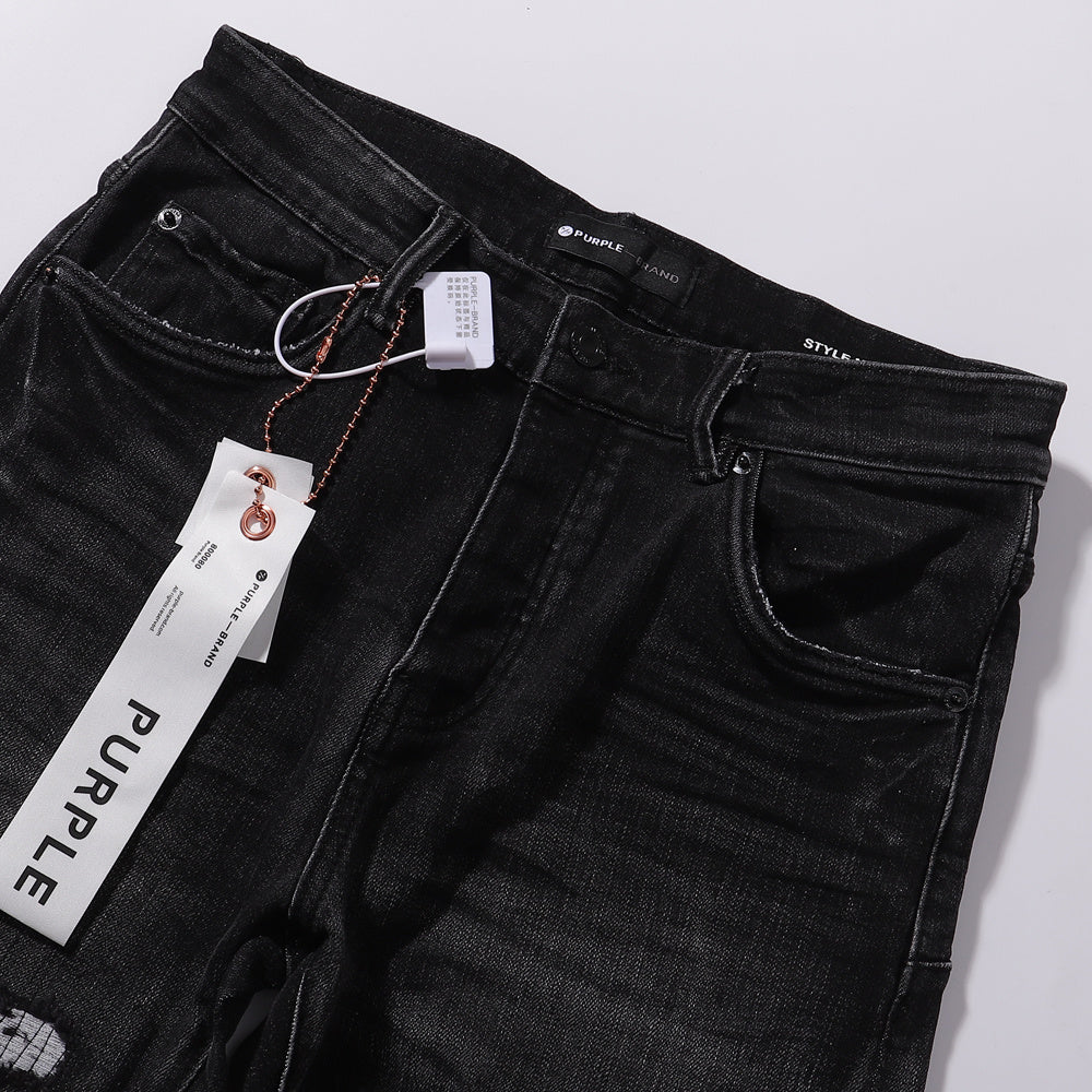 Purple‑Brand Black Washed Big Ripped Repair Patch Straight Leg Jeans