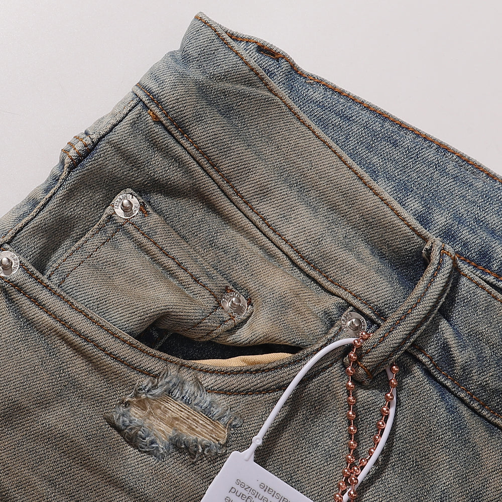 Purple‑Brand Vintage Sand Wash Paint‑Splatter Ripped Patch Straight Jeans