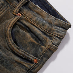 Purple‑Brand Ripped Mud‑Wash Graffiti Print Straight Leg Jeans