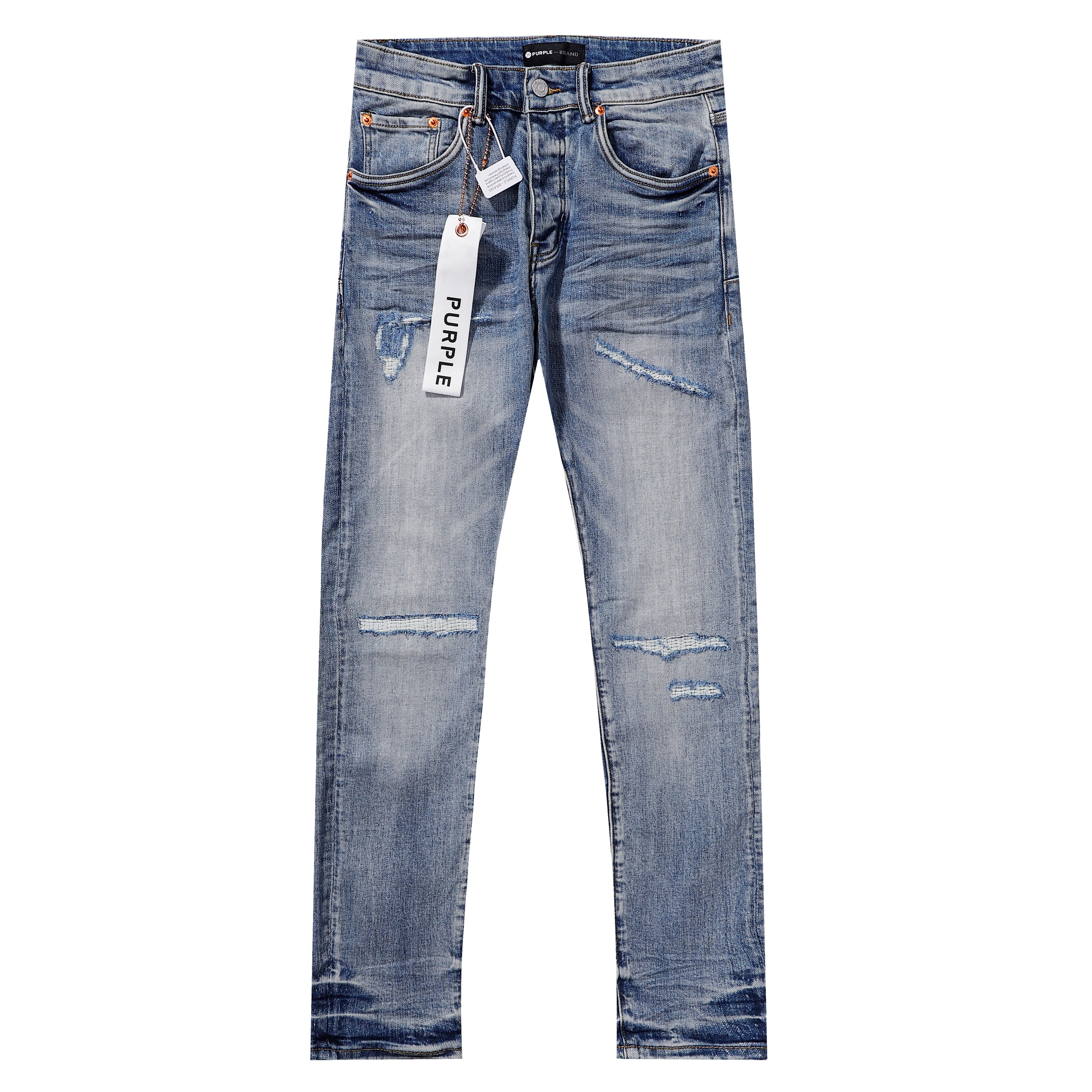 Purple‑Brand Light Blue Multi‑Patch Repair Distressed Straight Leg Jeans