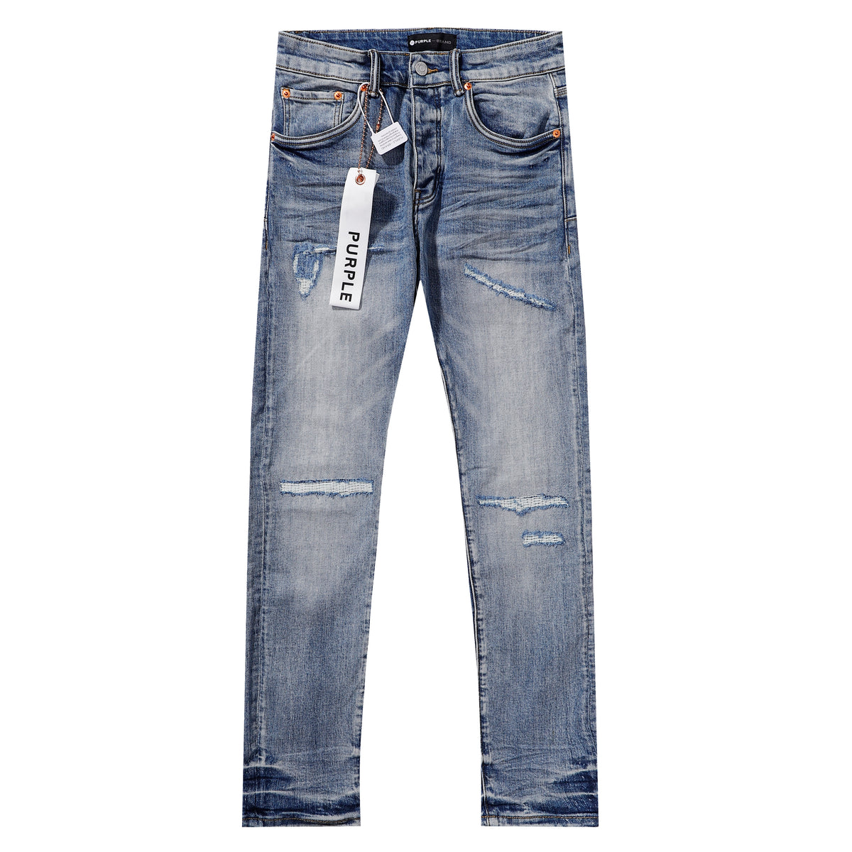 Purple‑Brand Light Blue Multi‑Patch Repair Distressed Straight Leg Jeans