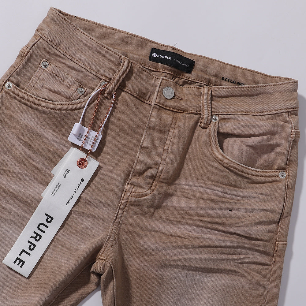 Purple‑Brand Khaki Tan Wash Black Patch Distressed Straight Leg Jeans