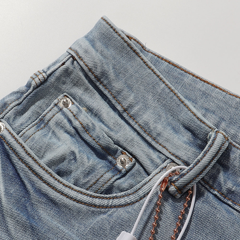 Purple‑Brand Light Blue Crinkle Wash Straight Leg Jeans