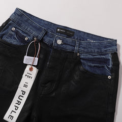 Purple‑Brand Black Coated Contrast Waist Flare Jeans