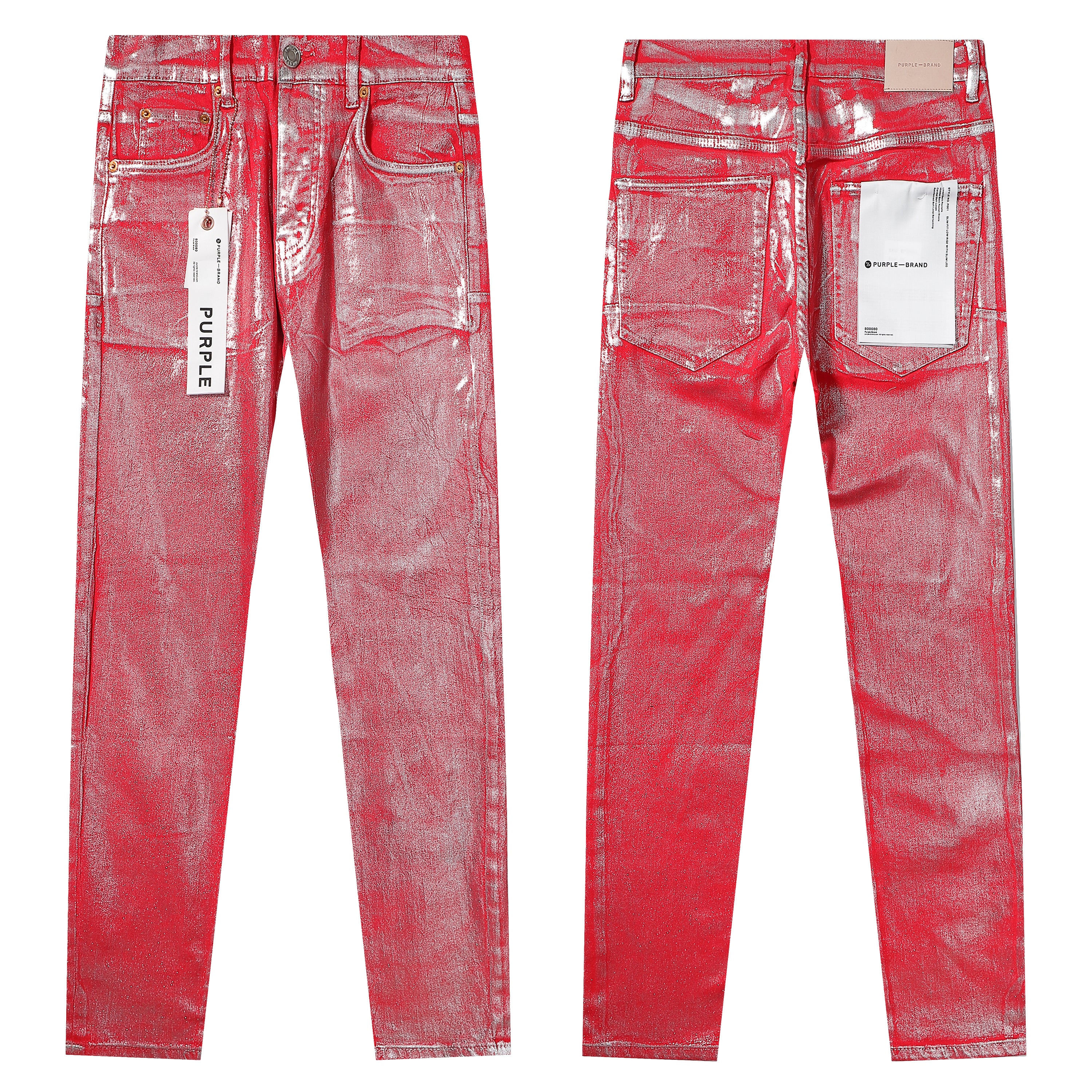 Purple‑Brand Red Metallic Coated Straight Leg Jeans