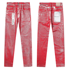 Purple‑Brand Red Metallic Coated Straight Leg Jeans