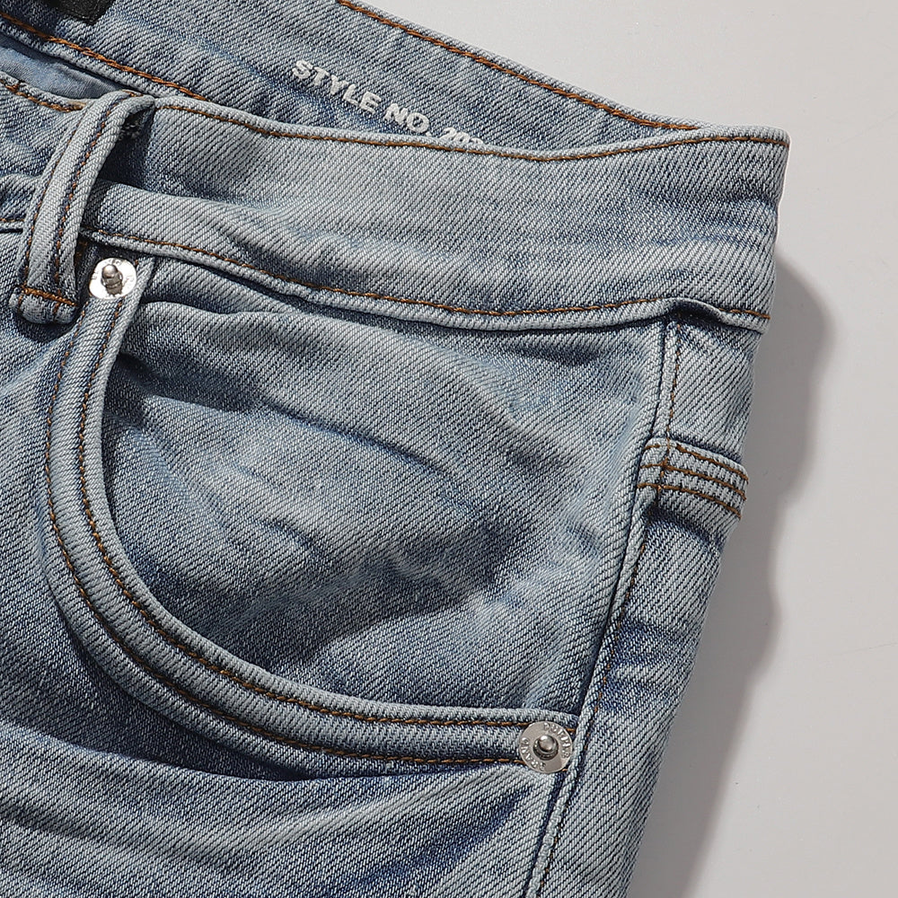 Purple‑Brand Light Blue Crinkle Wash Straight Leg Jeans
