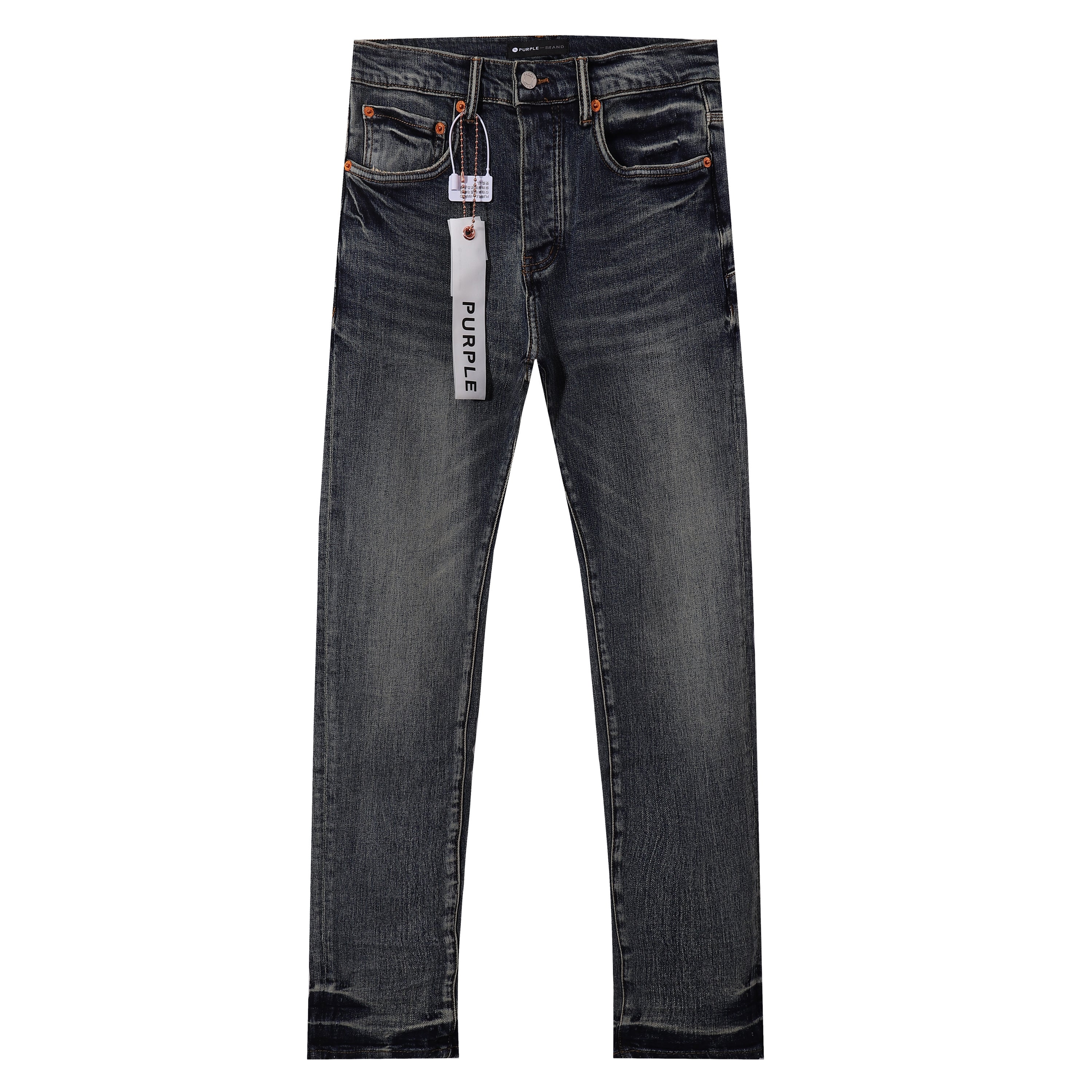Purple‑Brand Dark Vintage Whisker Gradient Hem Straight Leg Jeans