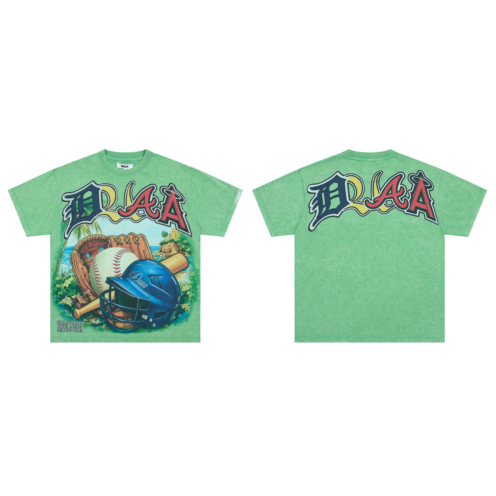 DUAA Vintage Washed Baseball Graphic Green T-Shirt