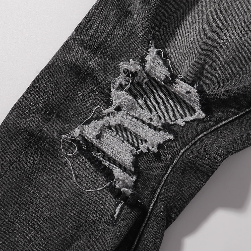 Purple‑Brand Black Grey Washed Multi‑Ripped Patch Straight Leg Jeans