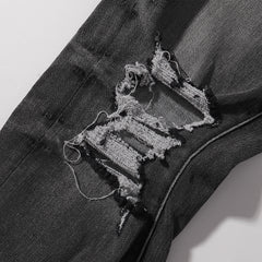 Purple‑Brand Black Grey Washed Multi‑Ripped Patch Straight Leg Jeans