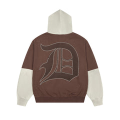 DUAA Gothic Logo Rhinestone Color Block Zip Up Hoodie