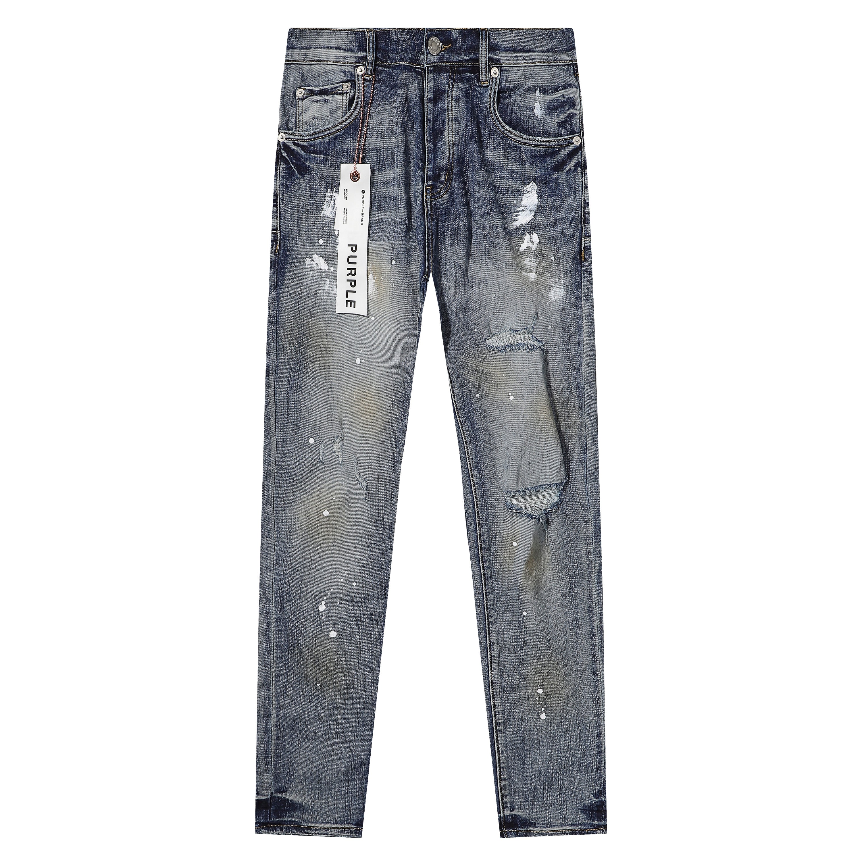 Purple‑Brand Vintage Wash Rip White Paint Splatter Straight Leg Jeans