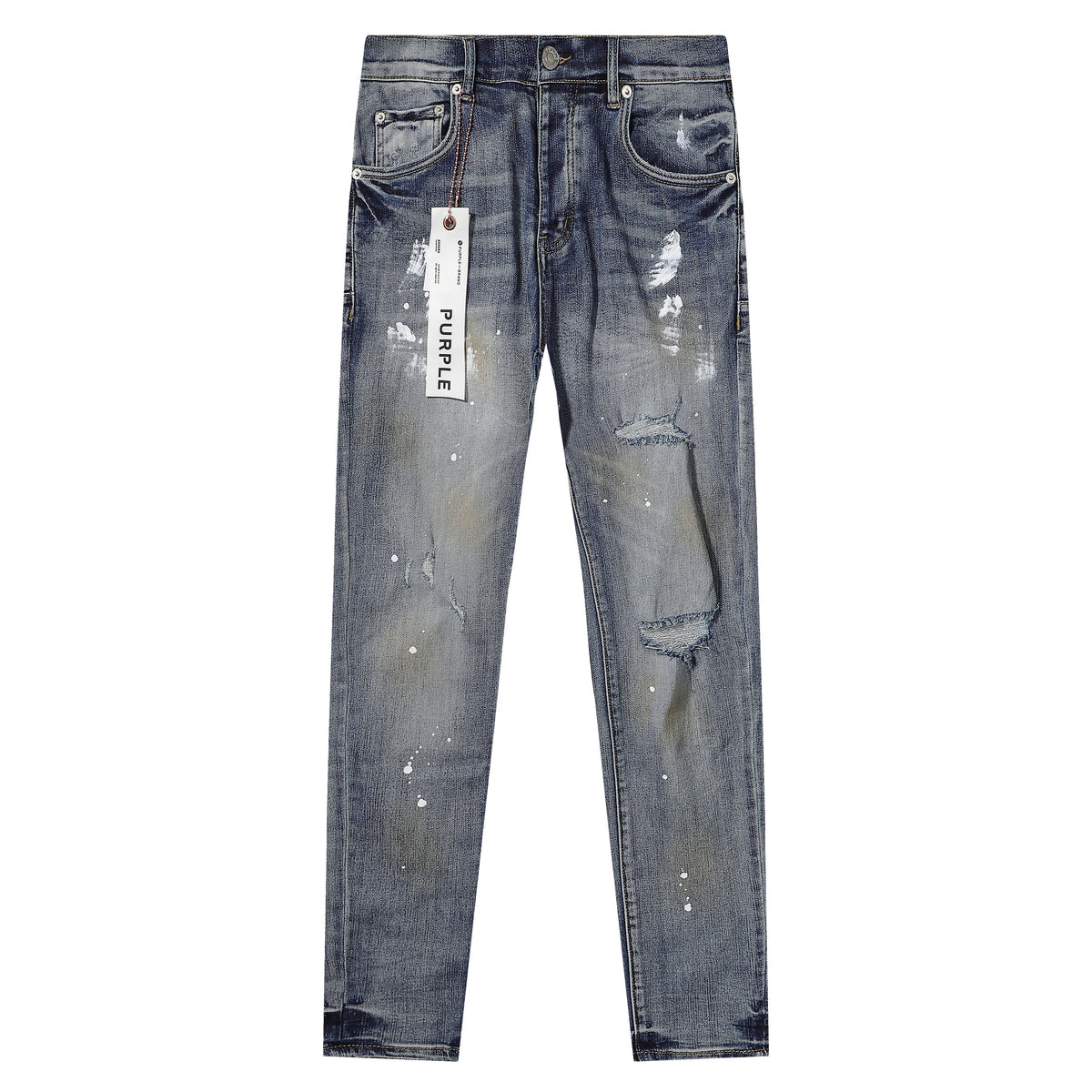Purple‑Brand Vintage Wash Rip White Paint Splatter Straight Leg Jeans