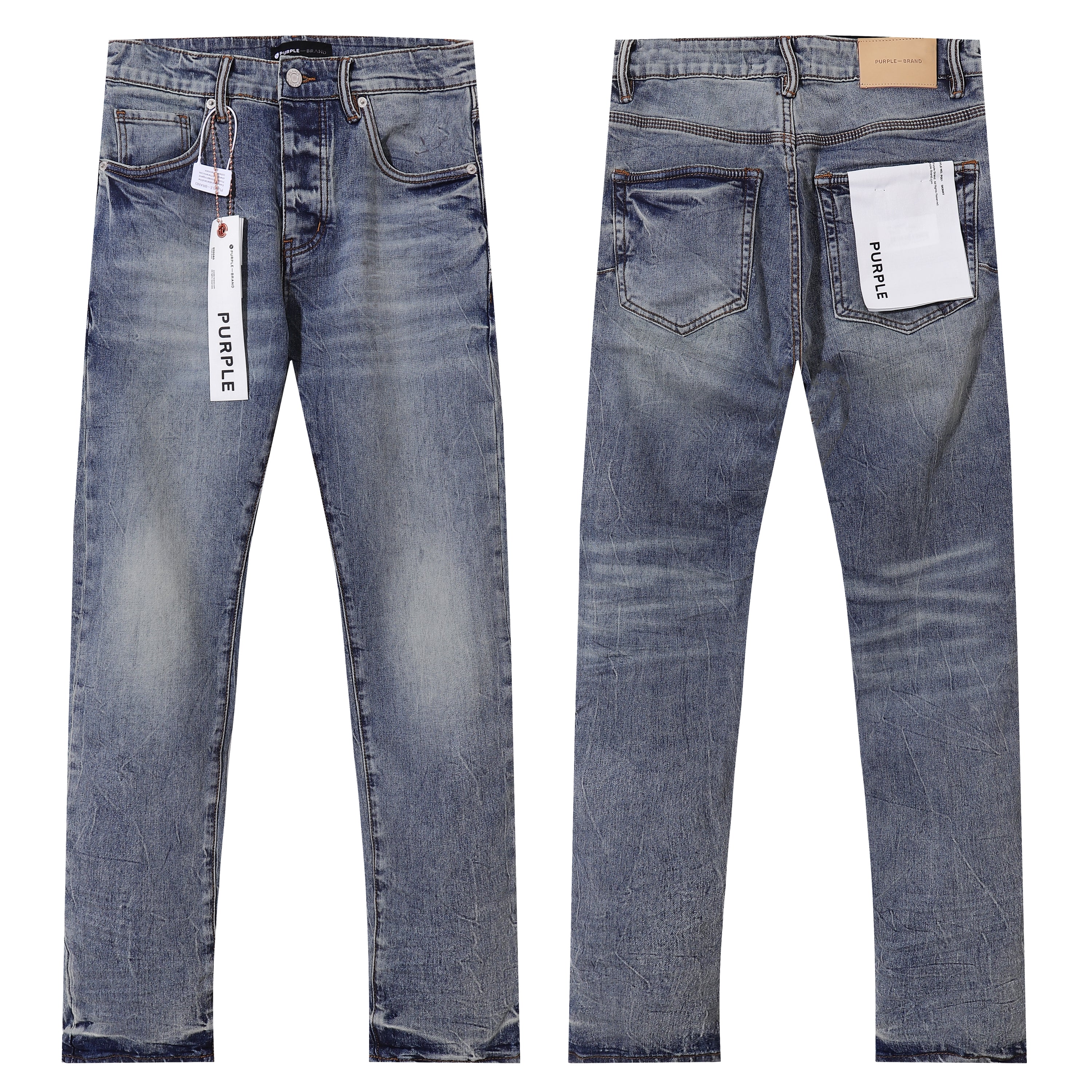 Purple‑Brand Men Light Blue Straight Leg Jeans Crinkle Washed Faded Denim Pants Streetwear Casual Trousers