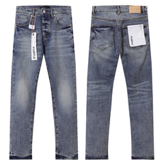Purple‑Brand Men Light Blue Straight Leg Jeans Crinkle Washed Faded Denim Pants Streetwear Casual Trousers