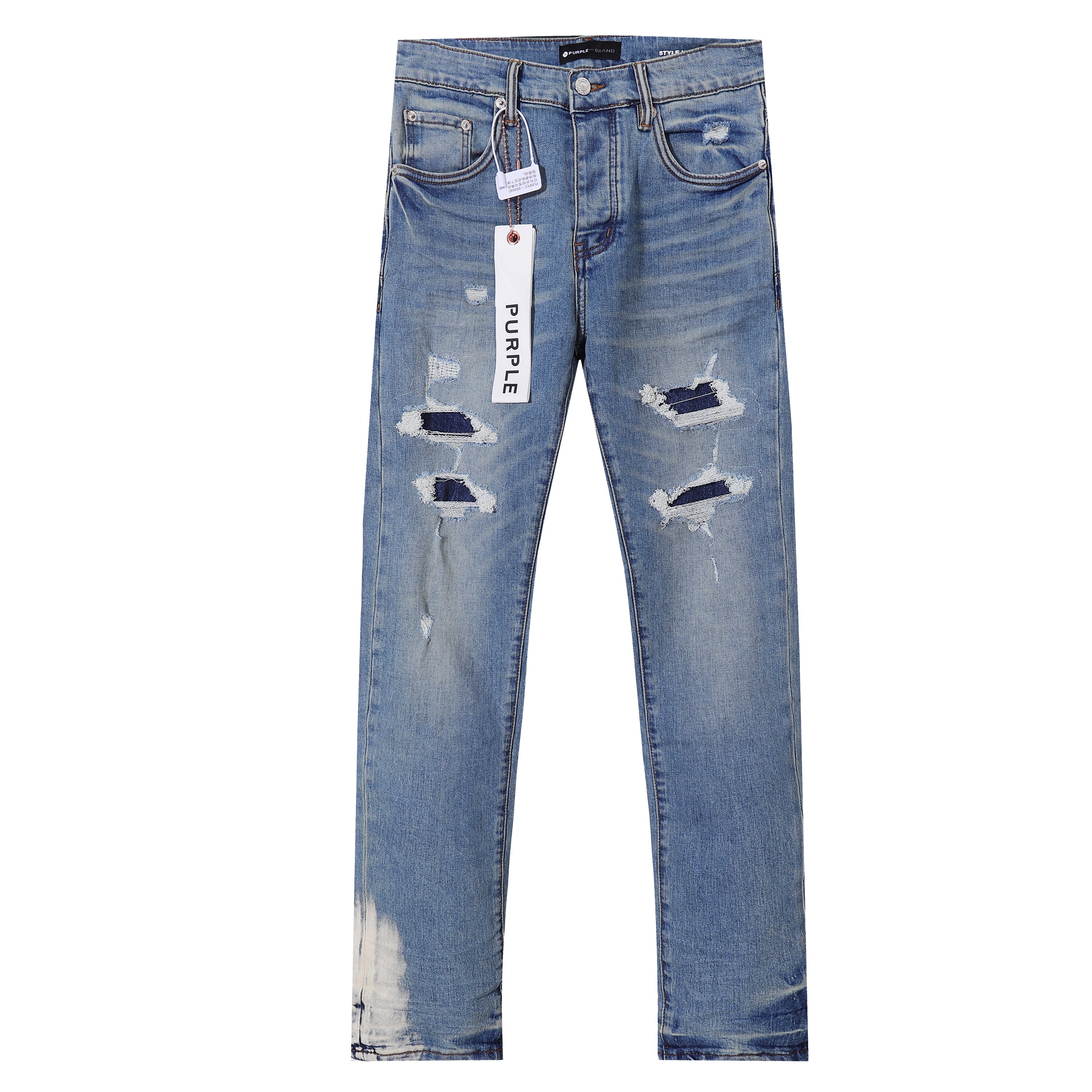 Purple‑Brand Light Wash Multi‑Ripped Patch Straight Jeans
