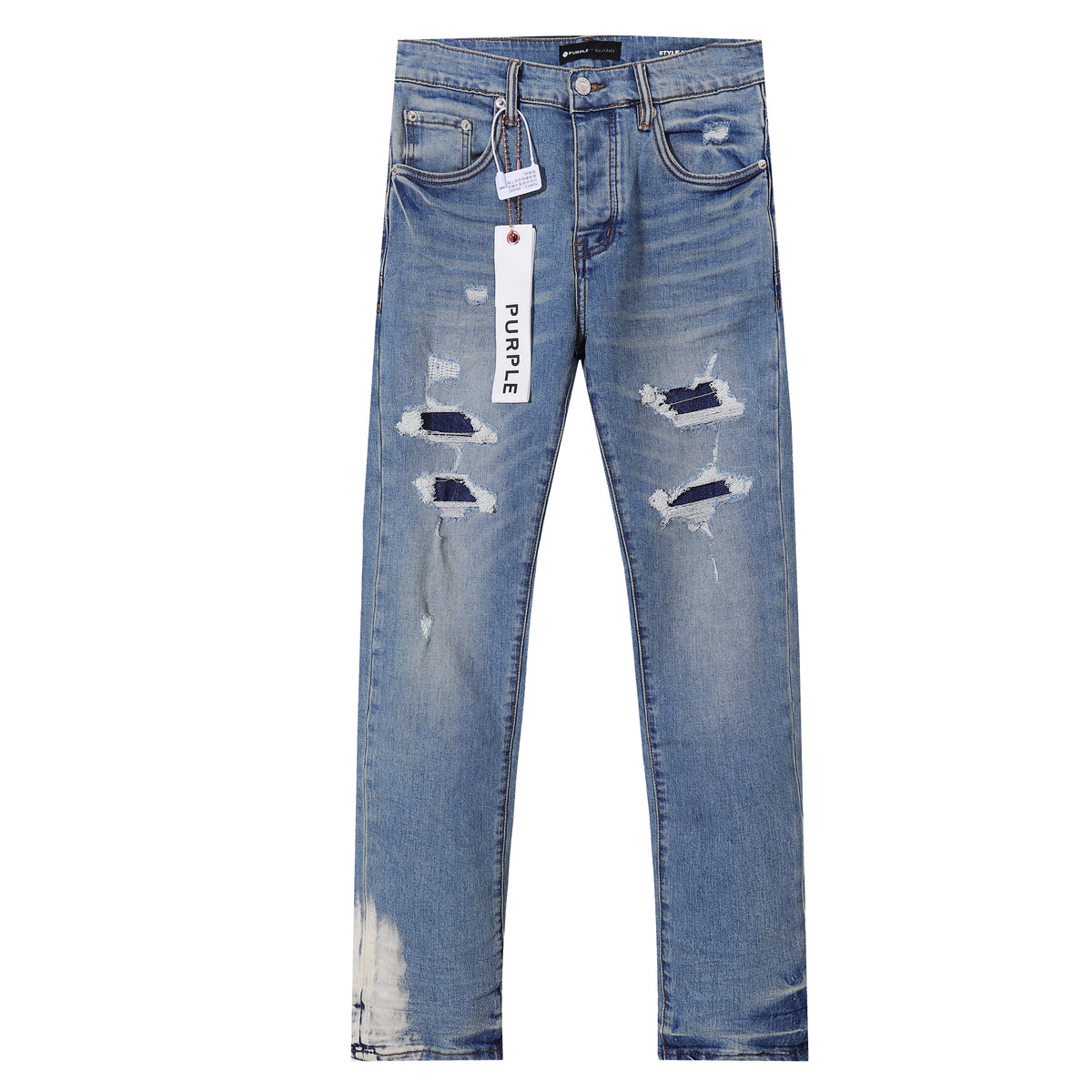 Purple‑Brand Light Wash Multi‑Ripped Patch Straight Jeans