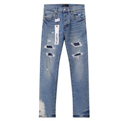 Purple‑Brand Light Wash Multi‑Ripped Patch Straight Jeans