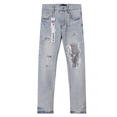 Purple‑Brand Men Light Wash Straight Jeans Sequin Patch Ripped Distressed Denim Pants Streetwear Trousers
