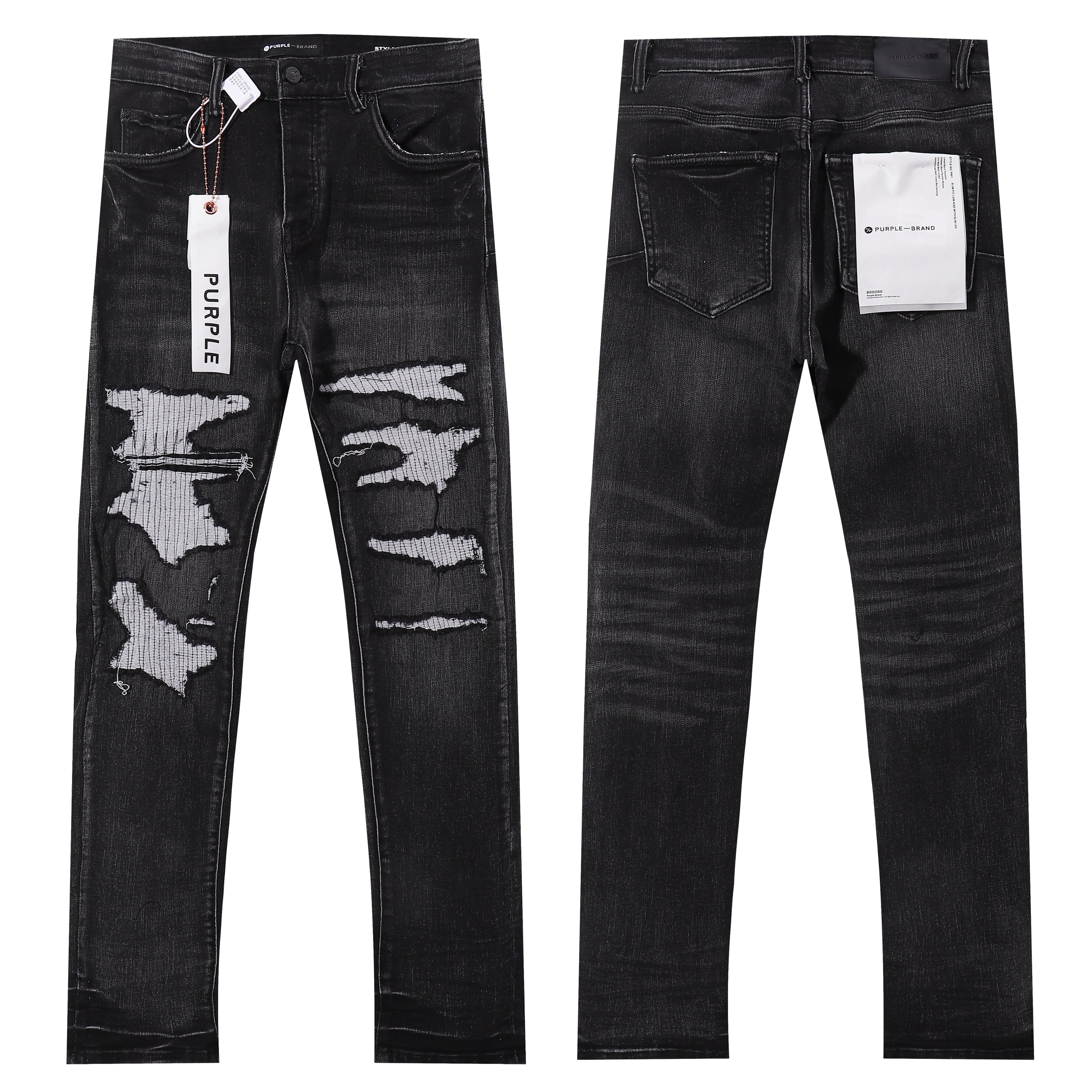 Purple‑Brand Black Washed Big Ripped Repair Patch Straight Leg Jeans