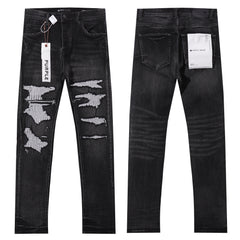 Purple‑Brand Black Washed Big Ripped Repair Patch Straight Leg Jeans