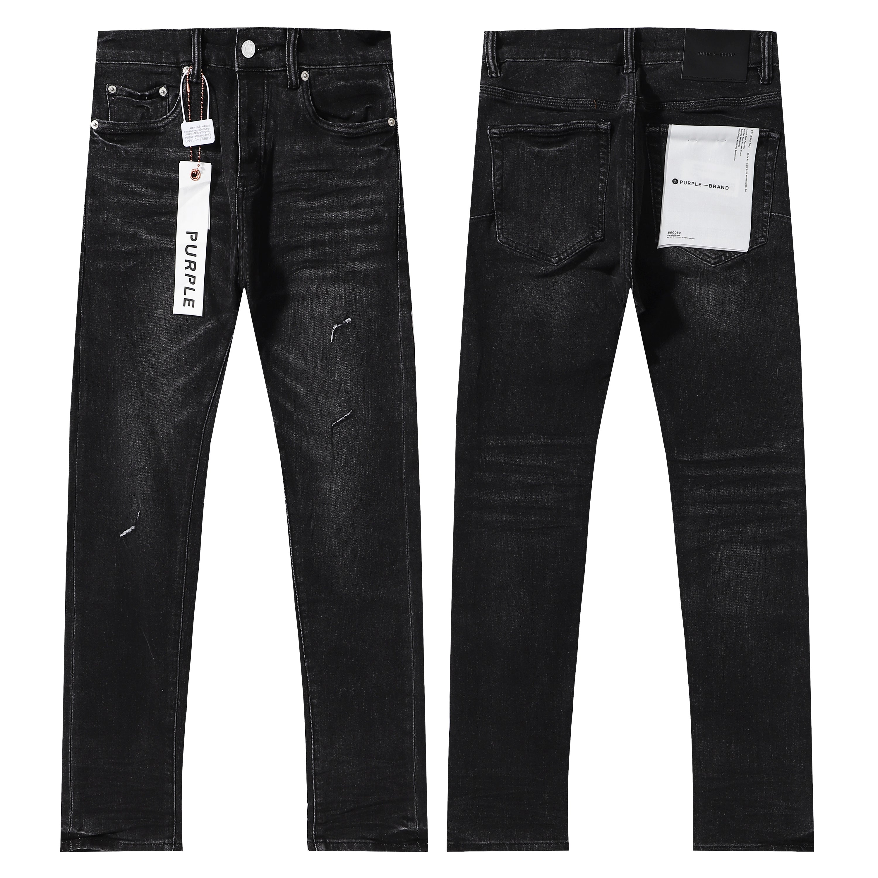 Purple‑Brand Black Faded Minimal Slit Rip Straight Leg Jeans
