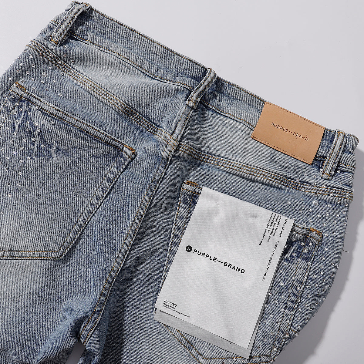 Purple‑Brand Light Wash Full Rhinestone Patch Distressed Straight Leg Jeans
