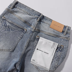 Purple‑Brand Light Wash Full Rhinestone Patch Distressed Straight Leg Jeans