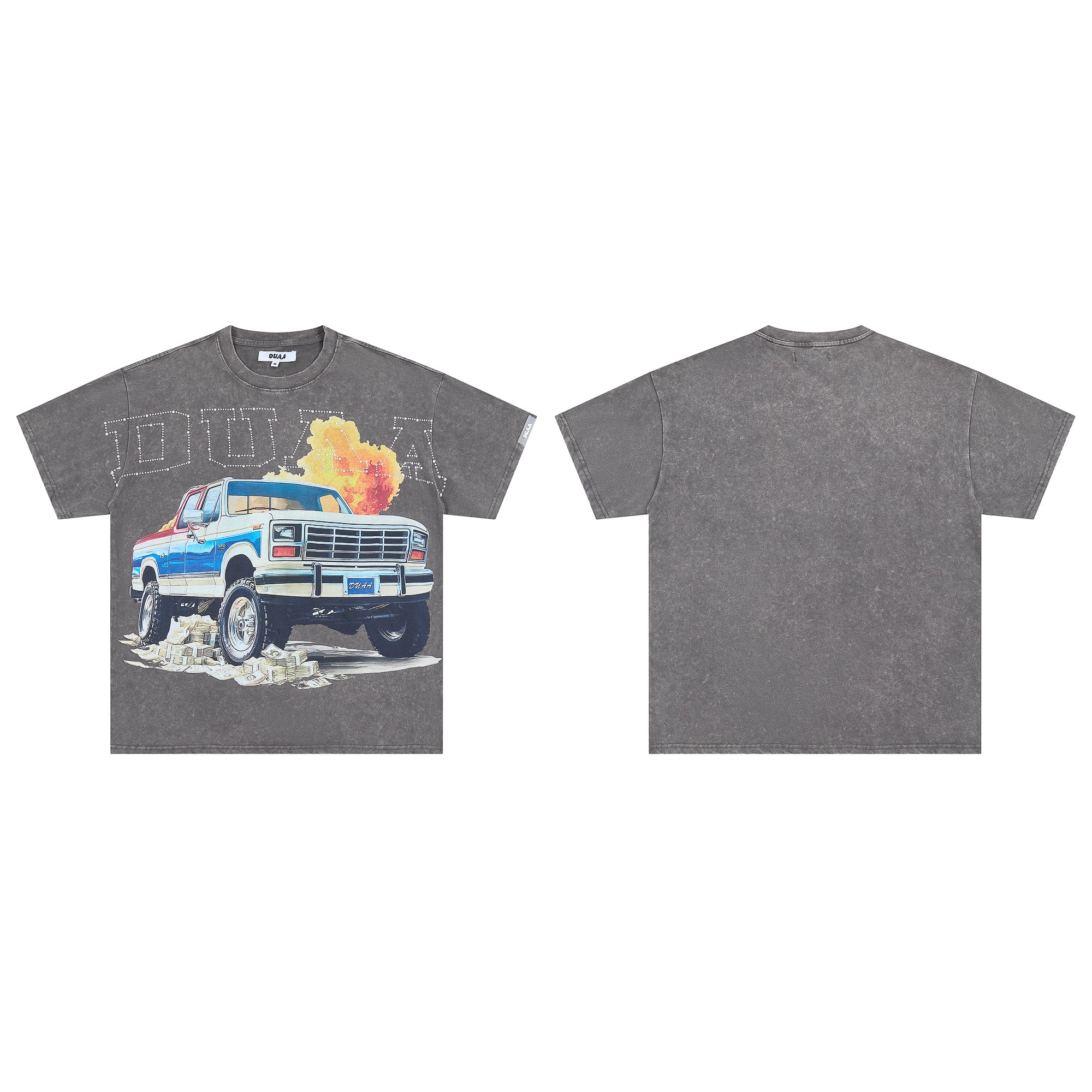 DUAA Retro Pickup Truck Cash Flame Rhinestone Vintage Washed T-Shirt