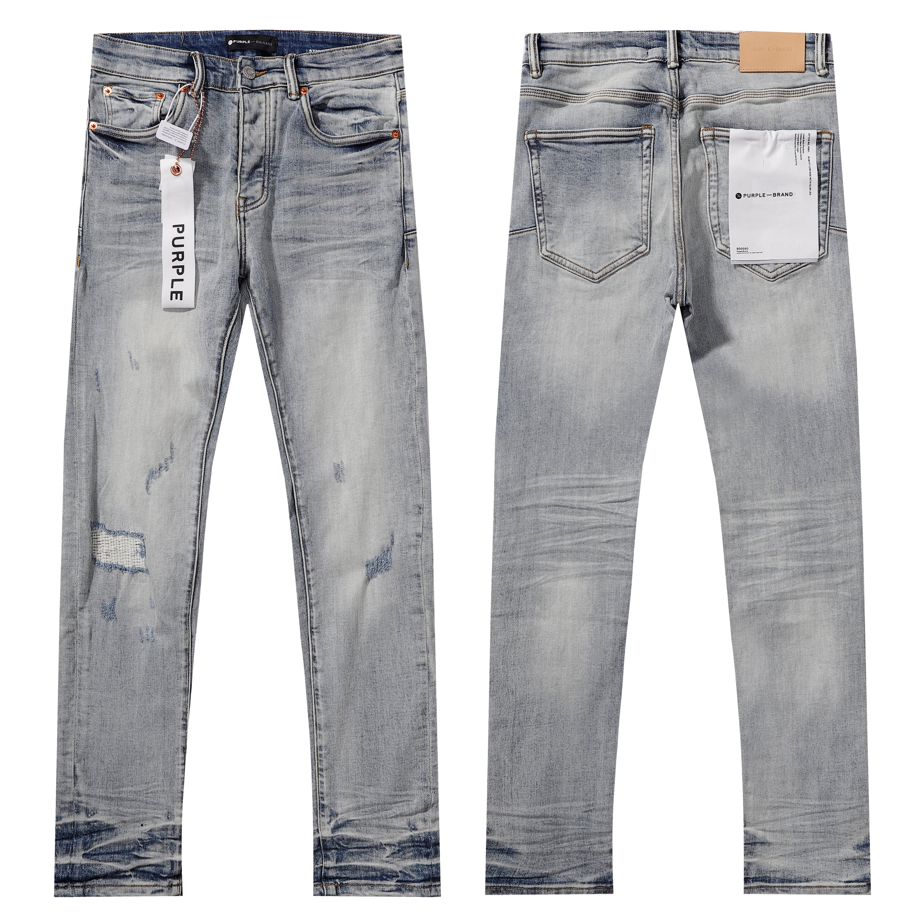 Purple‑Brand Light Washed Multi‑Scratch Patch Distressed Straight Leg Jeans