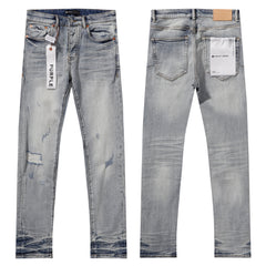 Purple‑Brand Light Washed Multi‑Scratch Patch Distressed Straight Leg Jeans