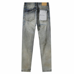 Purple‑Brand Vintage Wash Black Patch Ripped Splatter Straight Leg Jeans