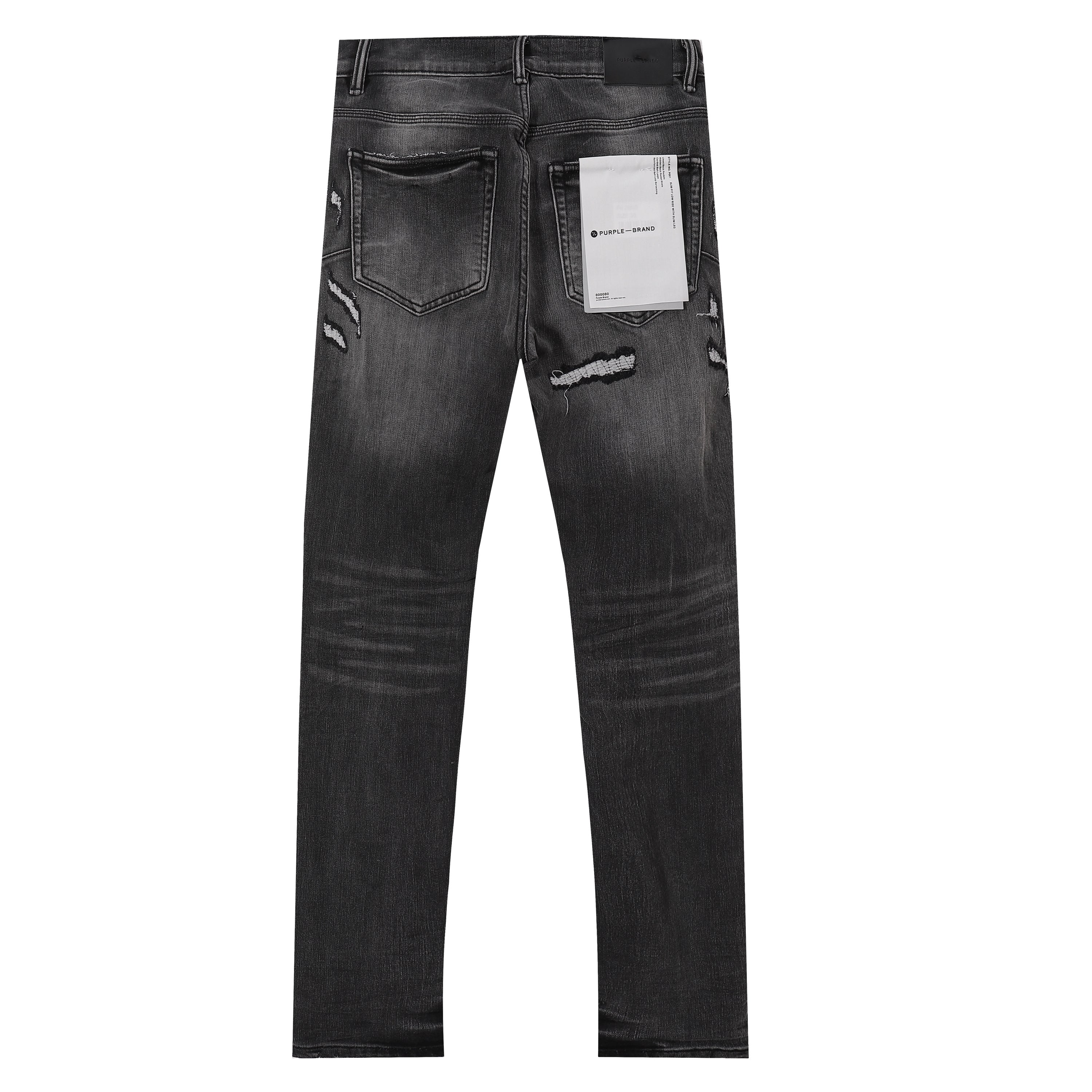 Purple‑Brand Black Grey Washed Multi‑Ripped Patch Straight Leg Jeans
