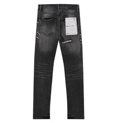 Purple‑Brand Black Grey Washed Multi‑Ripped Patch Straight Leg Jeans