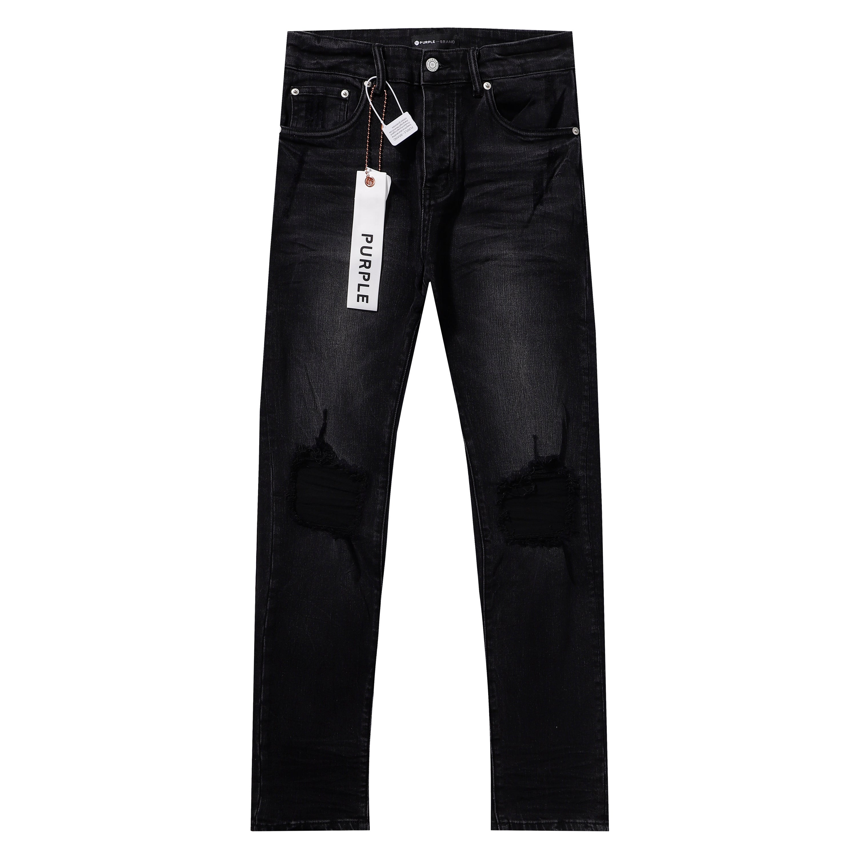 Purple‑Brand Black Washed Knee Ripped Straight Leg Jeans