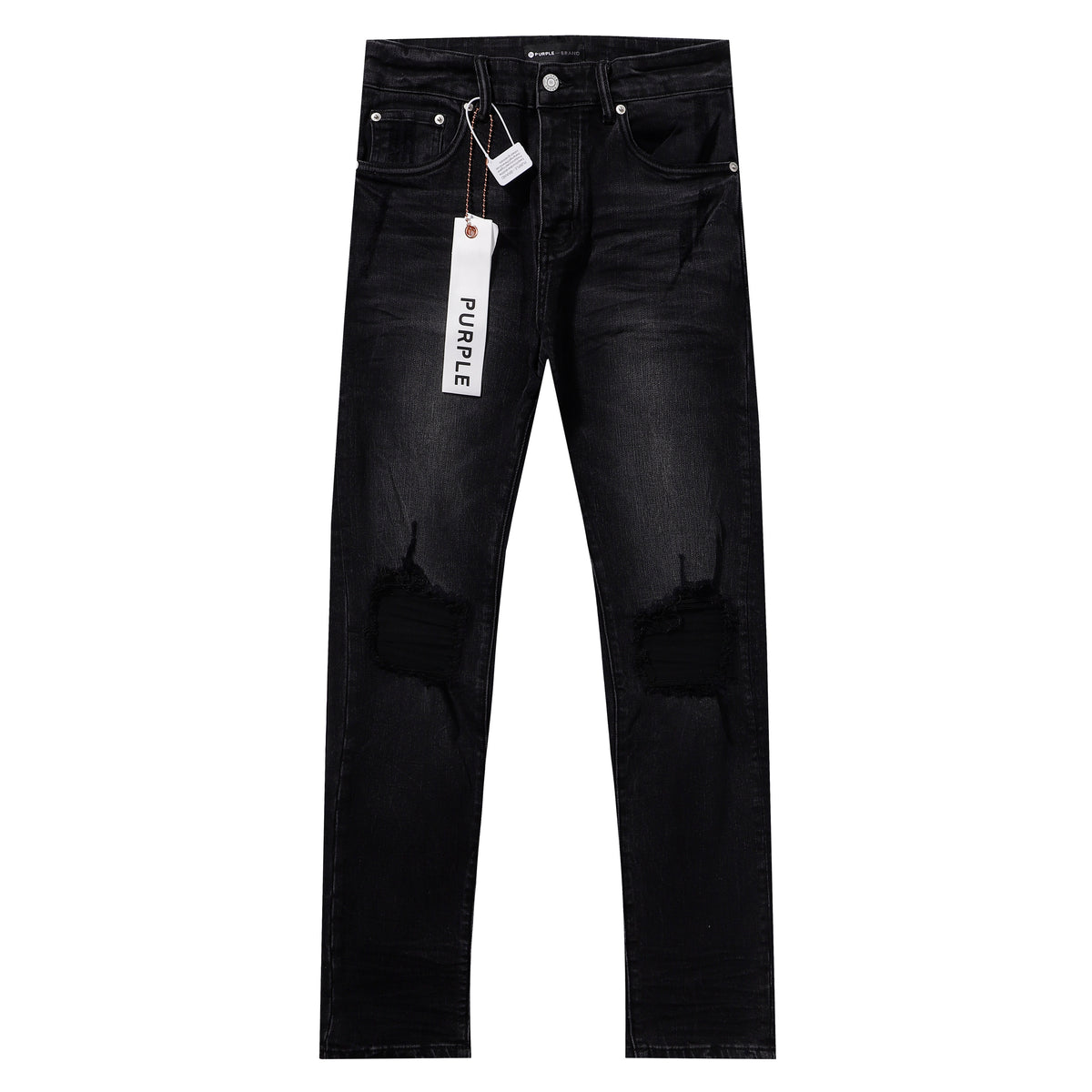 Purple‑Brand Black Washed Knee Ripped Straight Leg Jeans