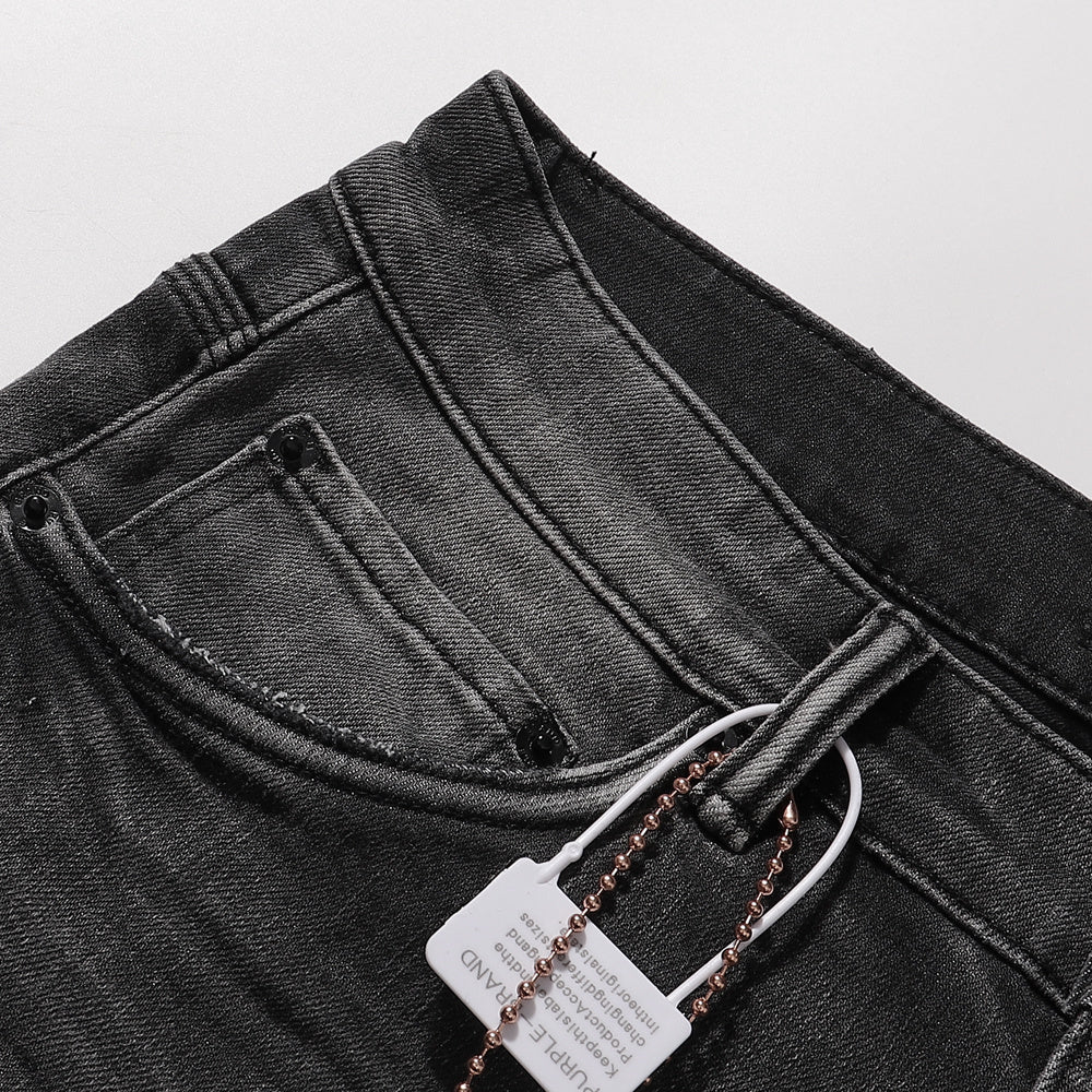 Purple‑Brand Black Grey Washed Multi‑Ripped Patch Straight Leg Jeans