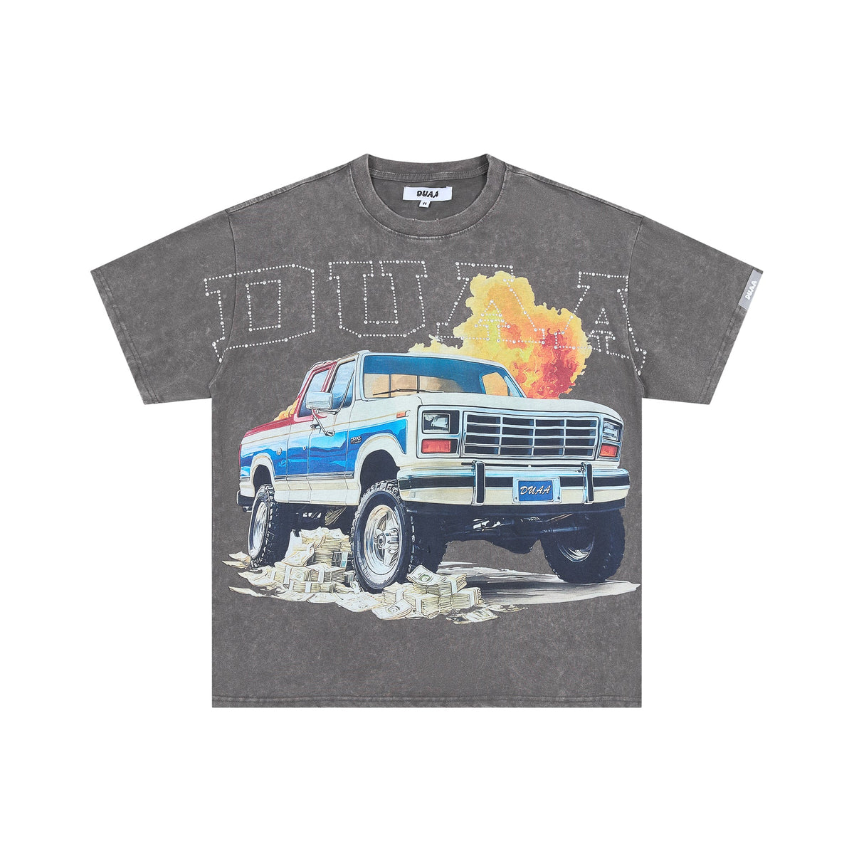 DUAA Retro Pickup Truck Cash Flame Rhinestone Vintage Washed T-Shirt