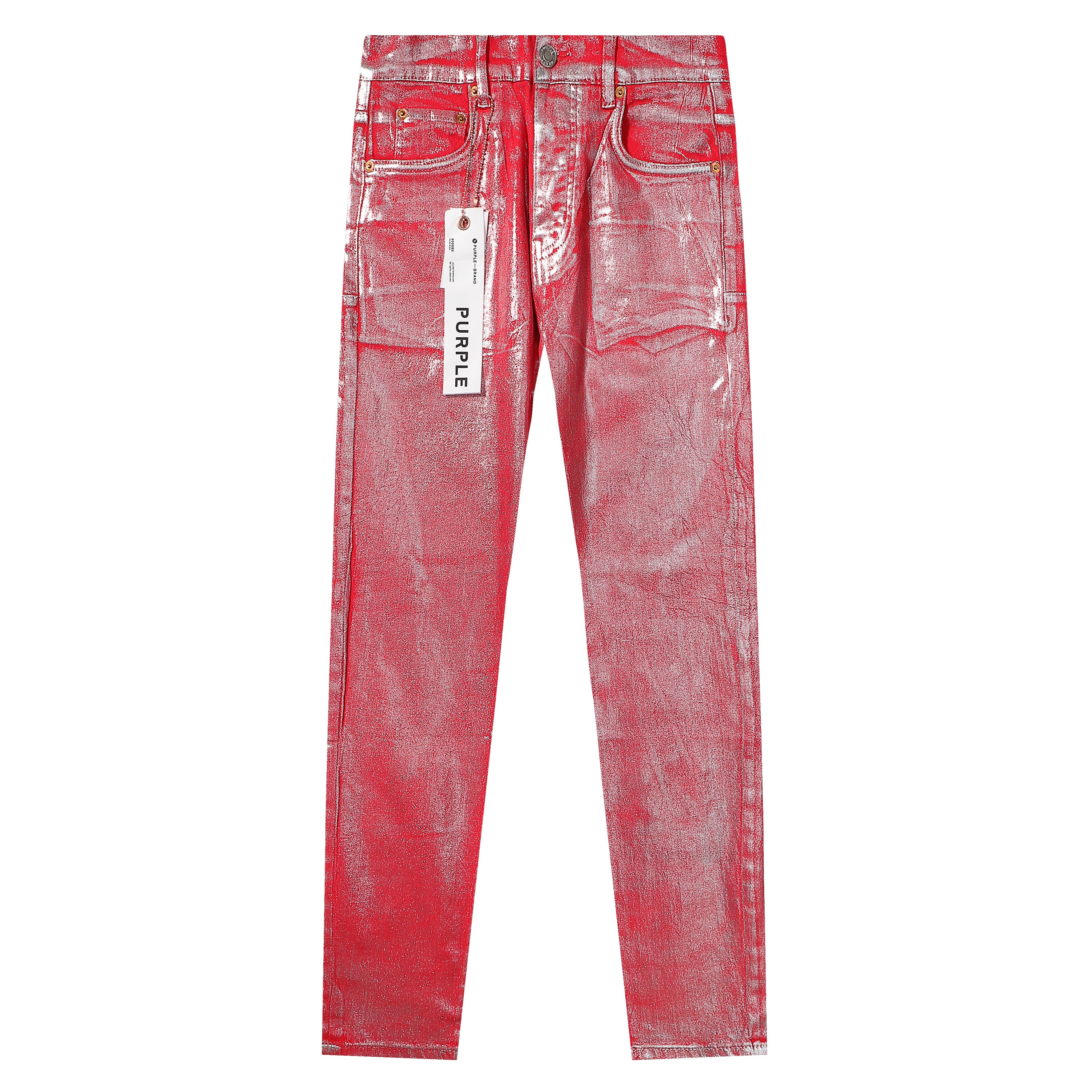 Purple‑Brand Red Metallic Coated Straight Leg Jeans