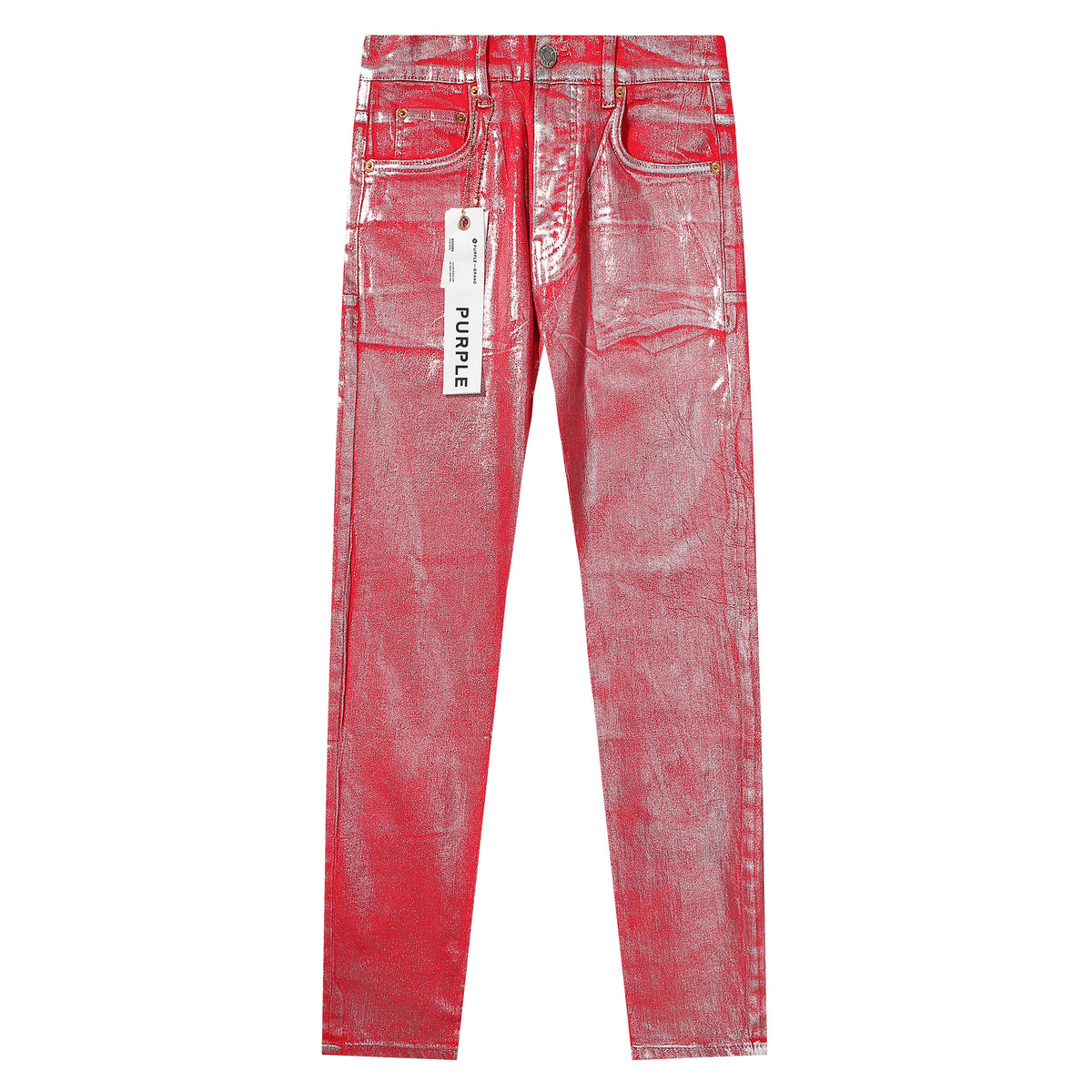 Purple‑Brand Red Metallic Coated Straight Leg Jeans