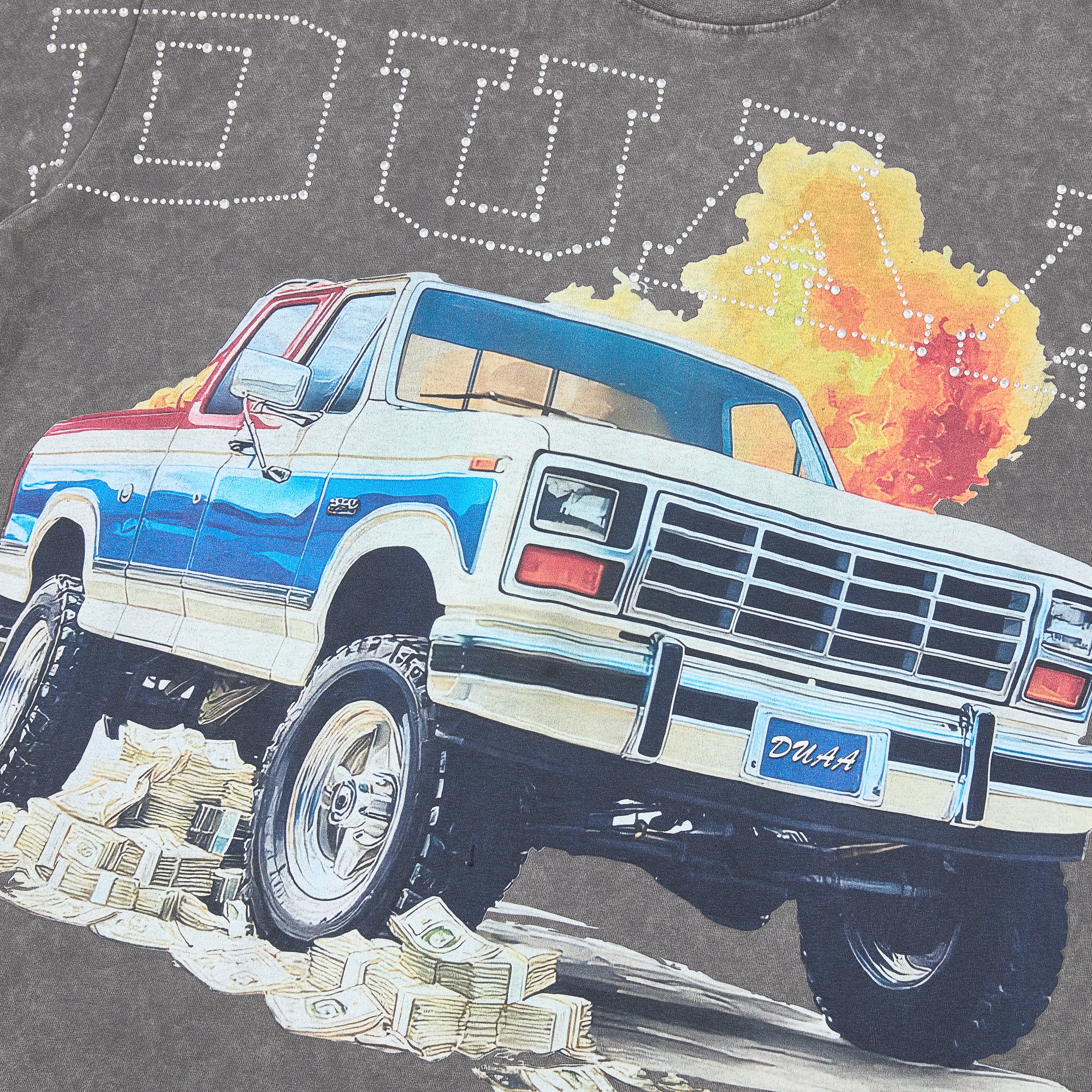 DUAA Retro Pickup Truck Cash Flame Rhinestone Vintage Washed T-Shirt