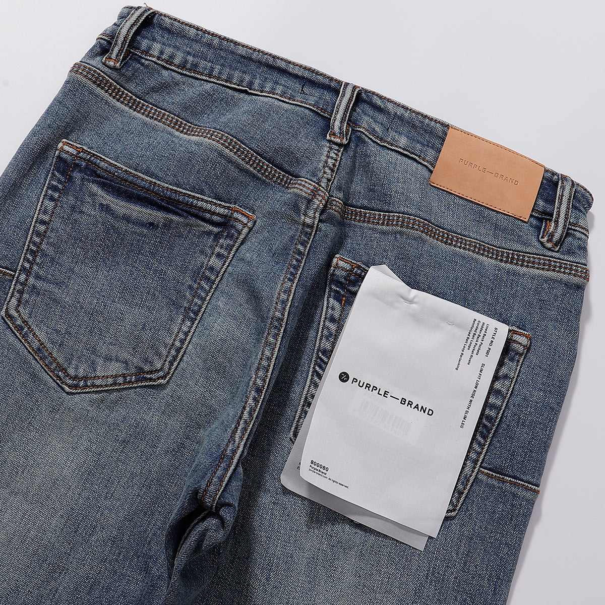 Purple‑Brand Mid‑Blue Distressed Patch Ripped Gradient Hem Straight Leg Jeans