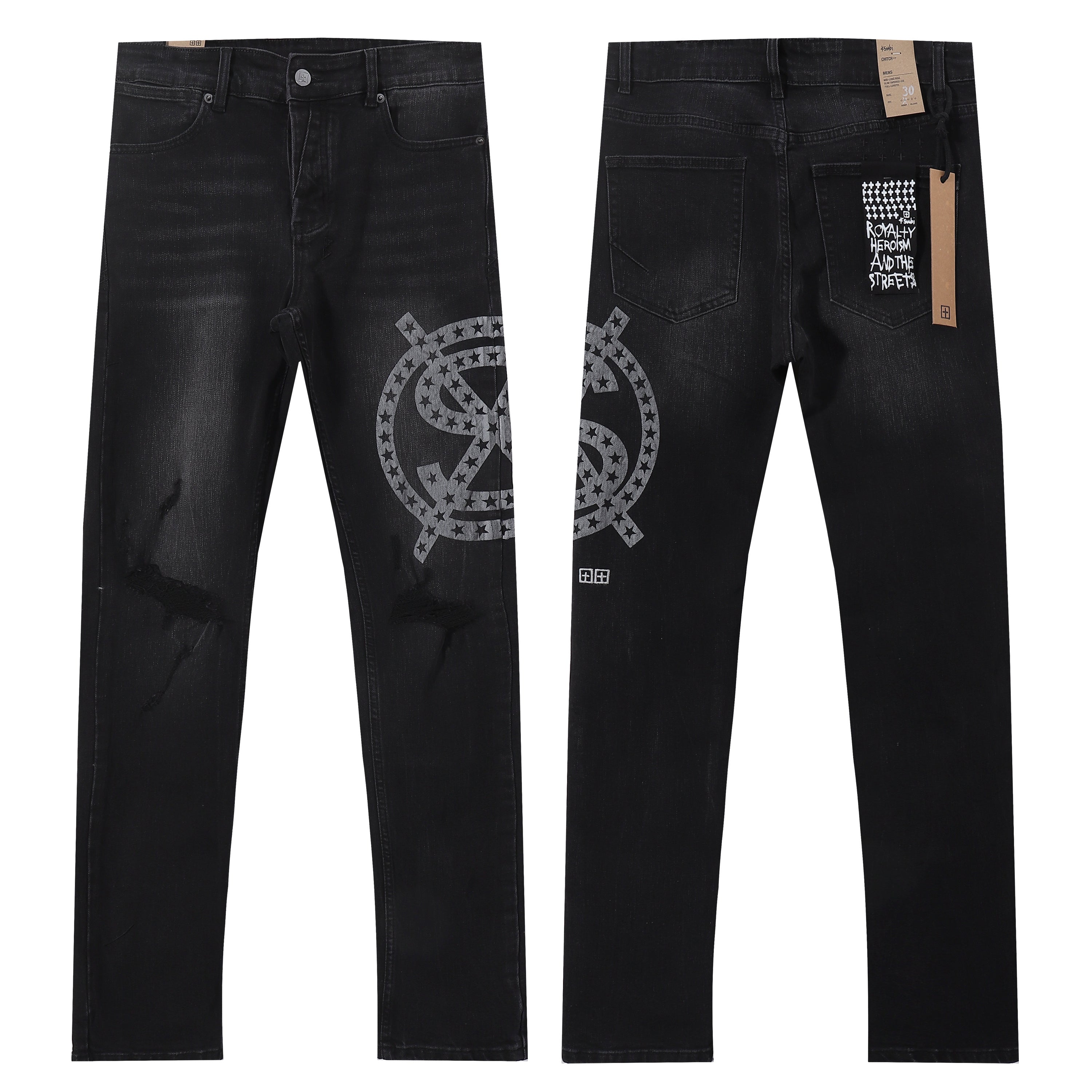 Ksubi Star Circle Logo Print Distressed Black Washed Slim Jeans